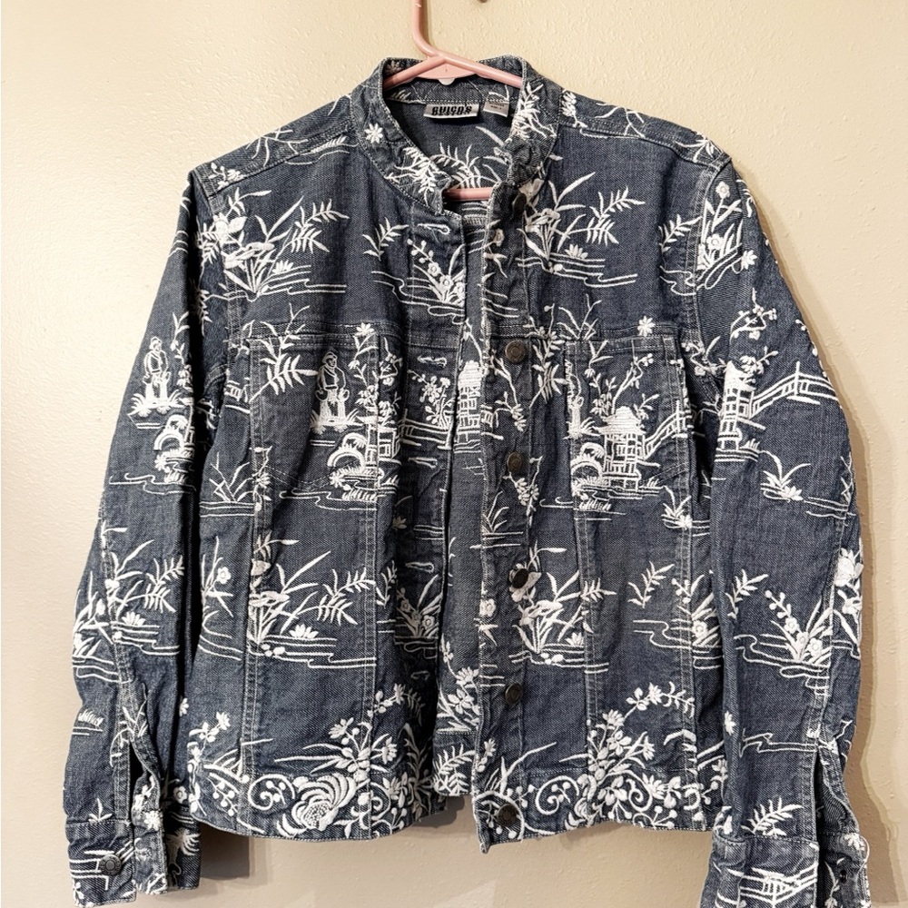 Vintage Chico’s denim and white Asian-inspired button-up jacket